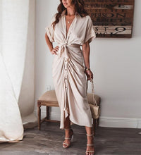 2021 Women Sexy Deep V Draped Shirt Long Dress Fashion Button Slit Bandage Beach Dress Lady Elegant Casual Short Sleeve Dresses