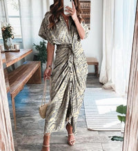 2021 Women Sexy Deep V Draped Shirt Long Dress Fashion Button Slit Bandage Beach Dress Lady Elegant Casual Short Sleeve Dresses