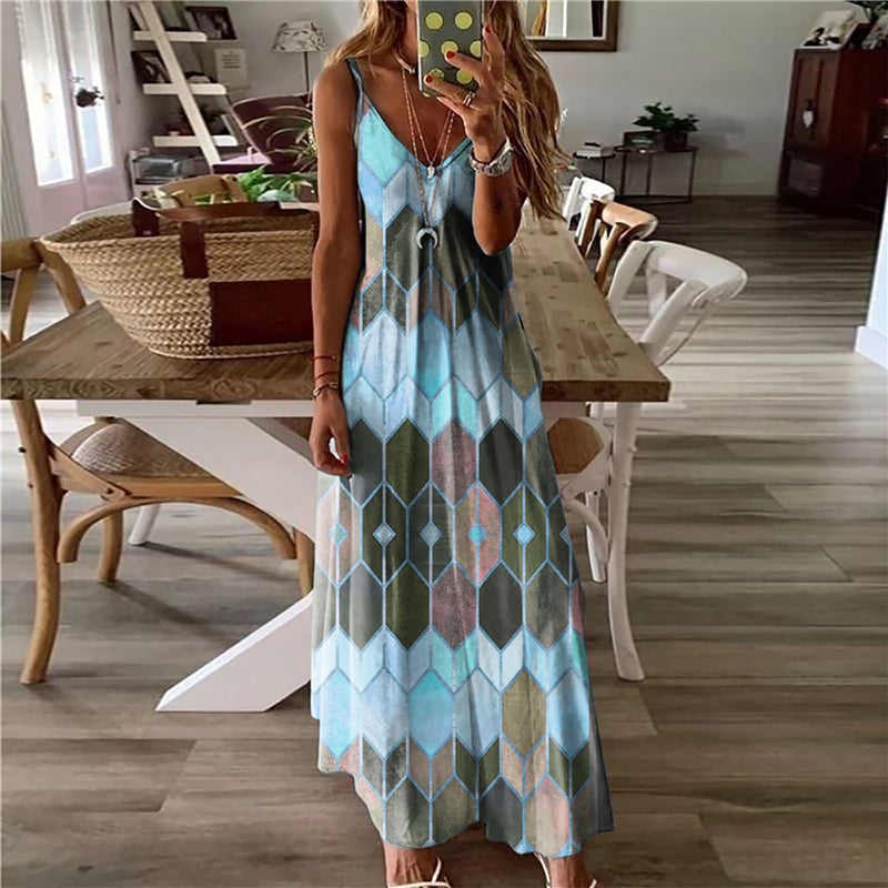 Women Casual Printed Long Dresses Summer Sleeveless V-Neck