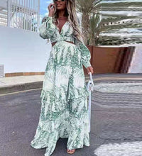 Elegant Deep V Neck Print Boho Long Dress New Sexy Criss-Cross Hollow Out Beach Dress Summer Women Ruffle Long Sleeve Maxi Dress