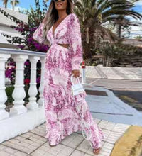 Elegant Deep V Neck Print Boho Long Dress New Sexy Criss-Cross Hollow Out Beach Dress Summer Women Ruffle Long Sleeve Maxi Dress